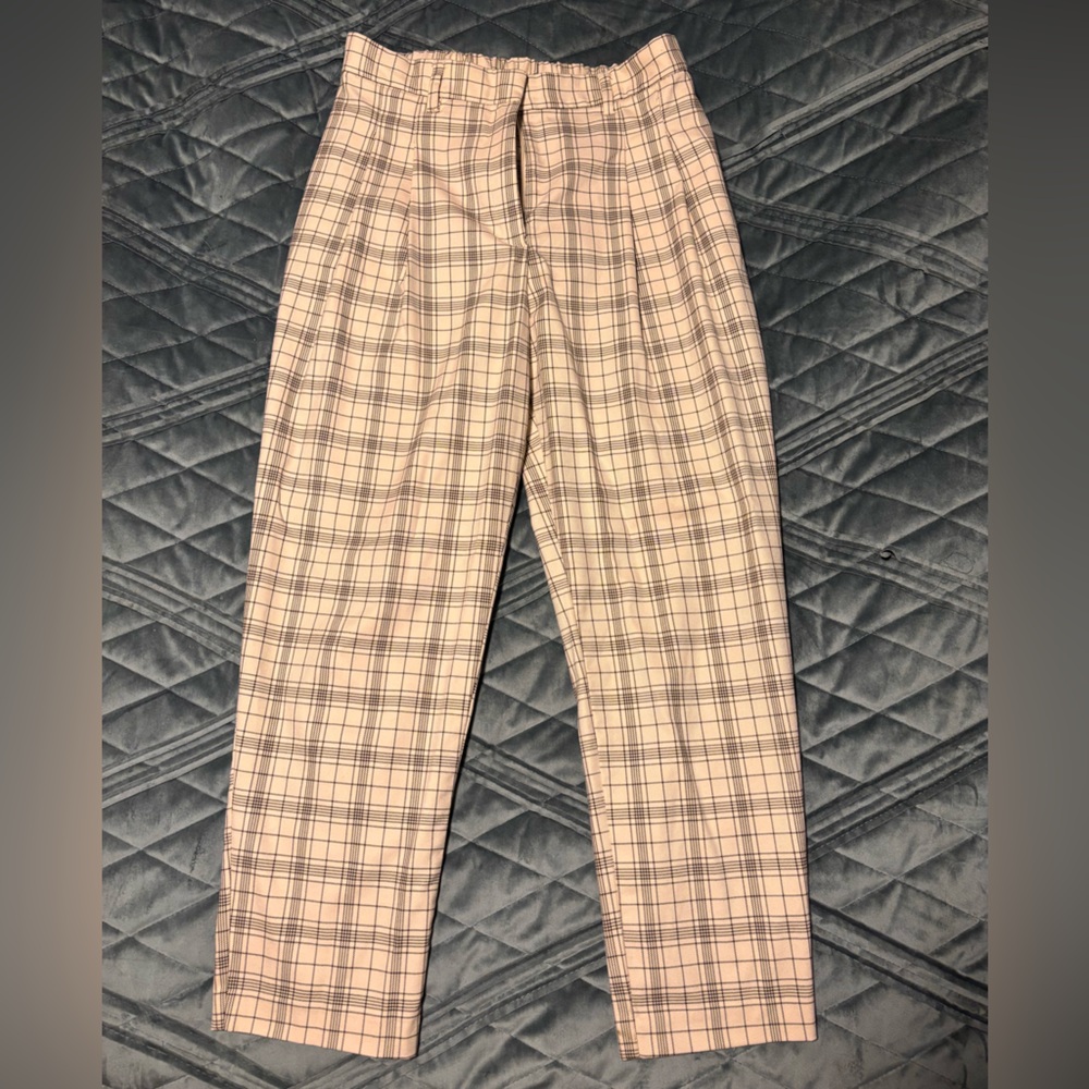 Monki Plaid Pleated Trousers, Beige, Size EU 42/US 10